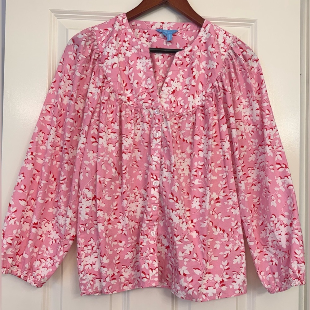Draper James Pink Floral Blouse Size Large Button Front Puff Sleeve Cottagecore